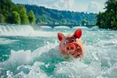 Rosarotes Sparschwein im sprudelnden Wasser am «Rheinfall». (KI-Bild)
