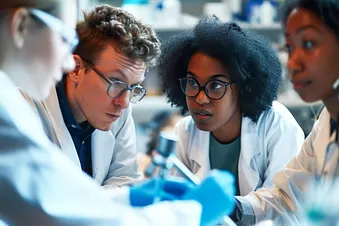 Vier Forschende in einem Chemielabor