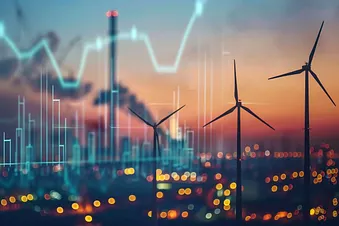 Kohlekraftwerke und Windkrafwerke, überlagert von einer Statistikkurve, die auf einer hohen Stufe endet.