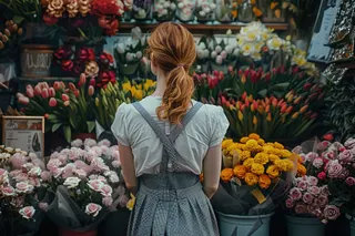 Blumenverkäuferin von hinten an Blumenstand mit vielen Blumen in Eimern.