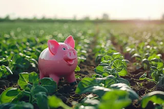 Sparschwein auf einem Feld mit frisch geschossenen Pflanzen. (KI-Bild)