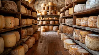 Käselager mit gereiften Käselaiben