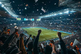Beleuchtetes Fussballstadion mit johlneder Menge während eines Spiels