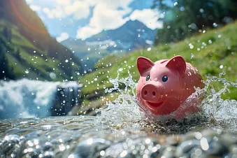 Rosarotes Sparschwein in einem Bergbach, wo das Wasser spritzt. (KI-Bild)