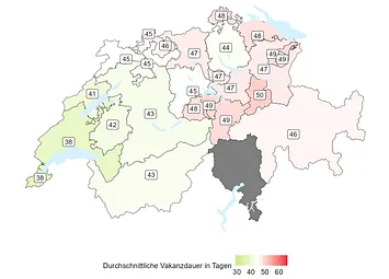 Abbildung 3: Durchschnittliche Vakanzdauer nach Kanton, Gesamtwirtschaft. Quelle: BSS Volkswirtschaftliche Beratung AG