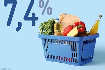 Warenkorb mit Lebensmitteln, dazu die Zahl 7,4%